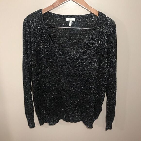 Joie Shimmer V-Neck Sweater Women’s XS Sparkly Silver Black Thin Rayon Blend - Picture 2 of 5